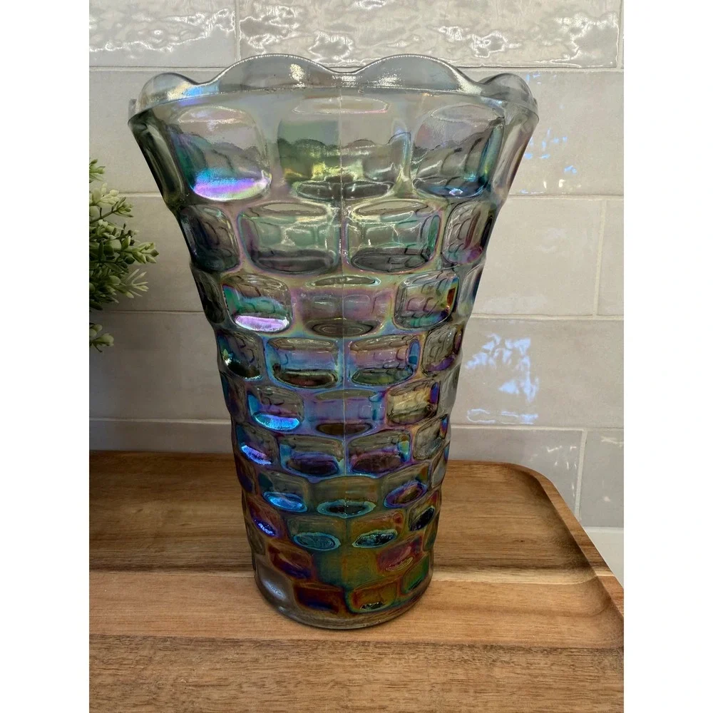 Iridescent Carnival Glass Vase Honeycomb Block Optic Scalloped Rim Smoke Luster‎